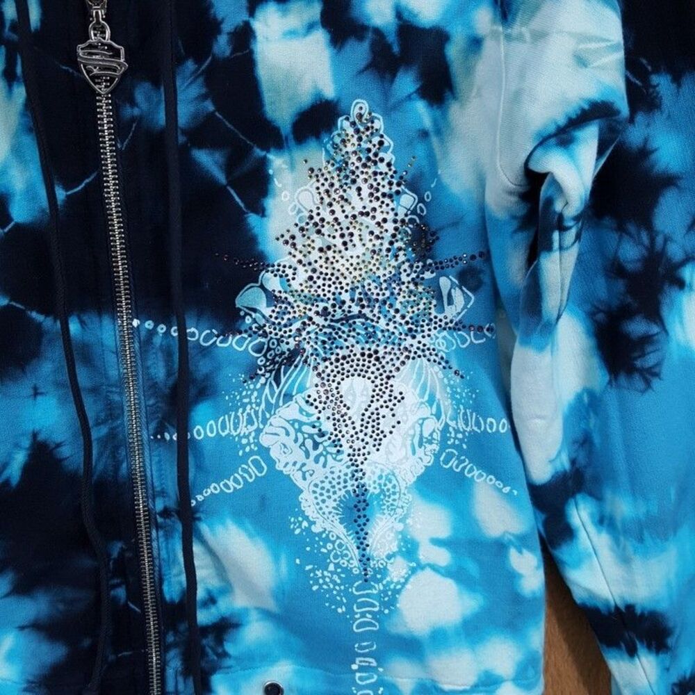 SLEDGE USA Vintage Hoodie Womens Large Blue Zip Tie Dye Rhinestone Tunic Y2K - Picture 4 of 10